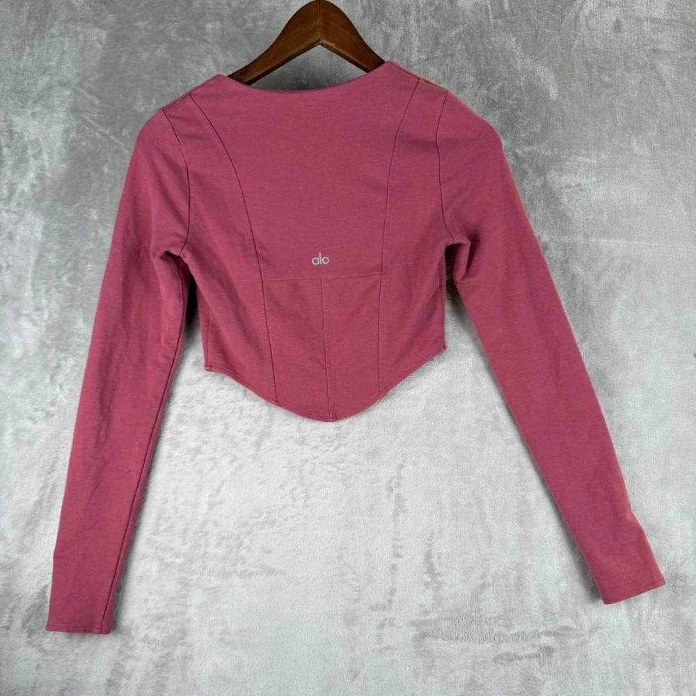 Alo Yoga Womens Corset‎ Long Sleeve Crop Top Pink Square Neck Shelf Bra Small
